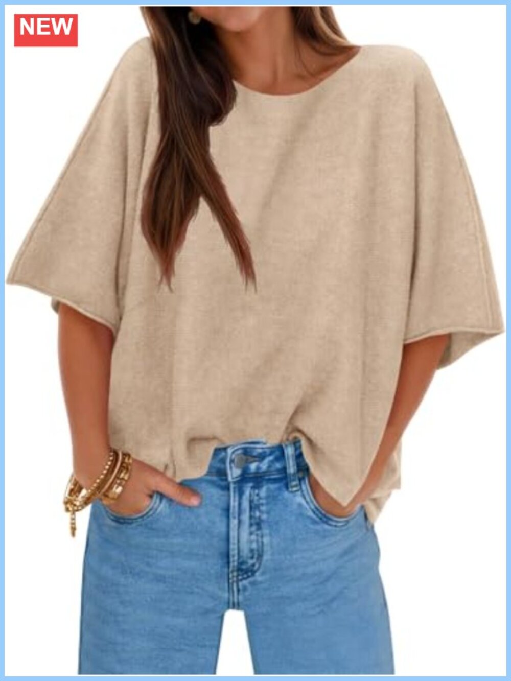 Women's Oversized Knit Pullover Sweater Short Sleeve Boat Neck